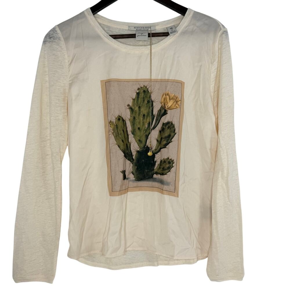 Scotch & Soda Linen & Satin Cactus Graphic Top Women’s 2 Ivory